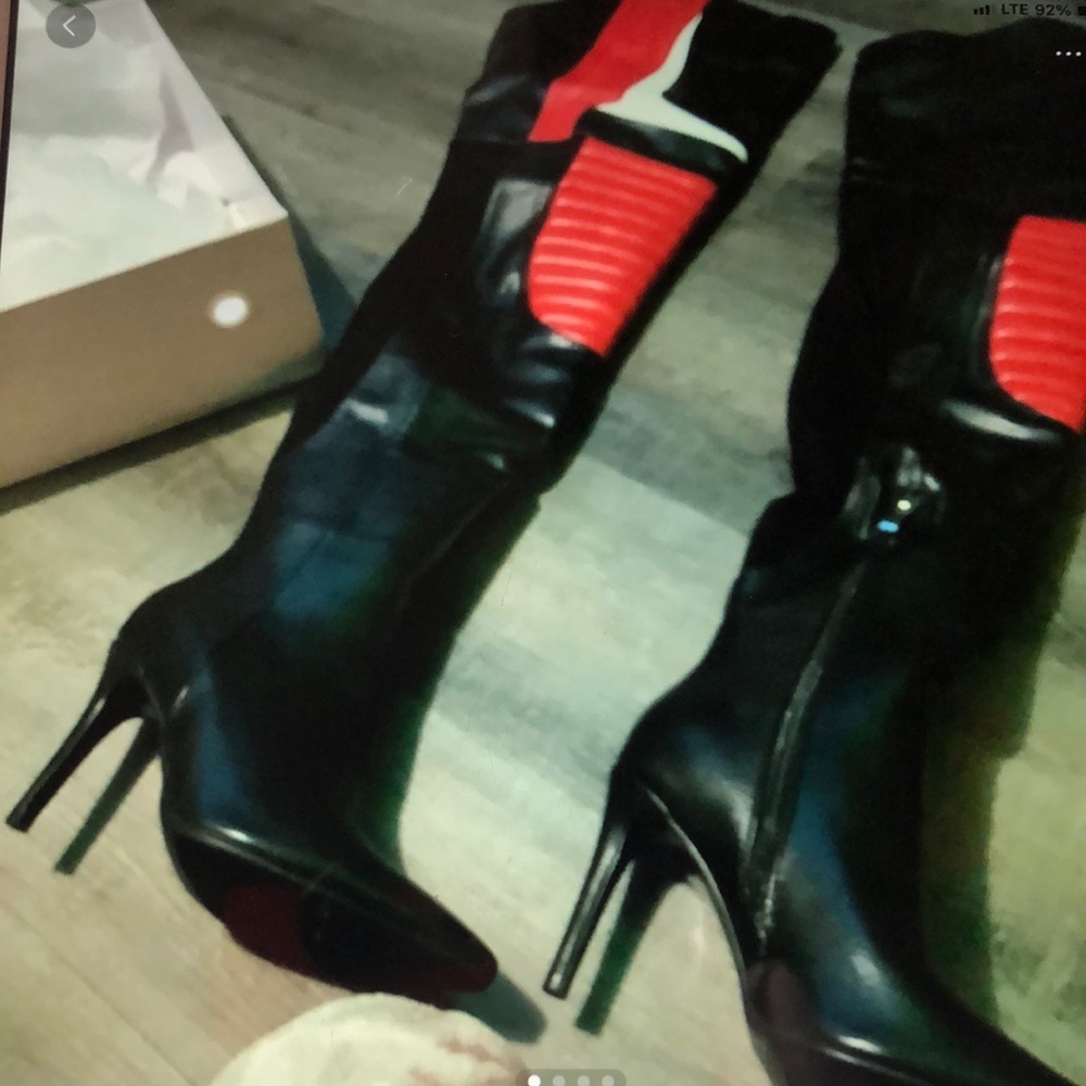 Black and Red Stiletto Knee-High Boots